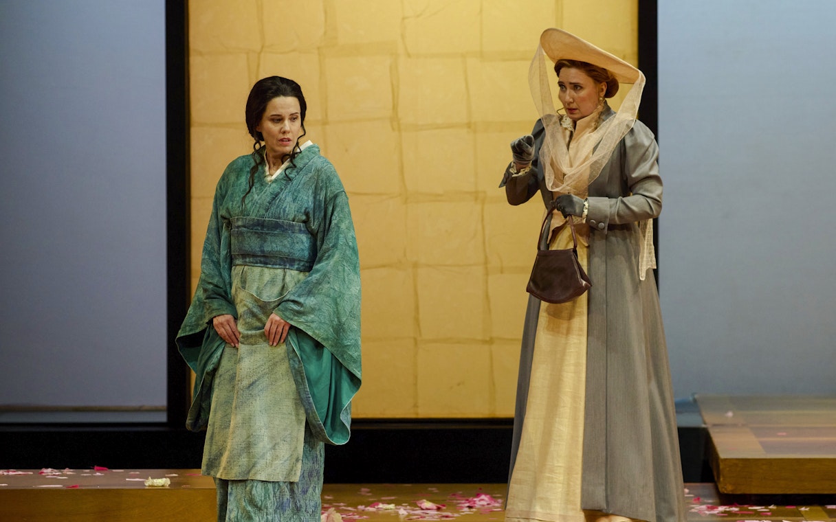 Stage performance of Madama Butterfly in Sydney with two actors in period costumes.