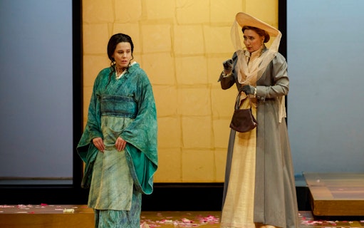 Stage performance of Madama Butterfly in Sydney with two actors in period costumes.