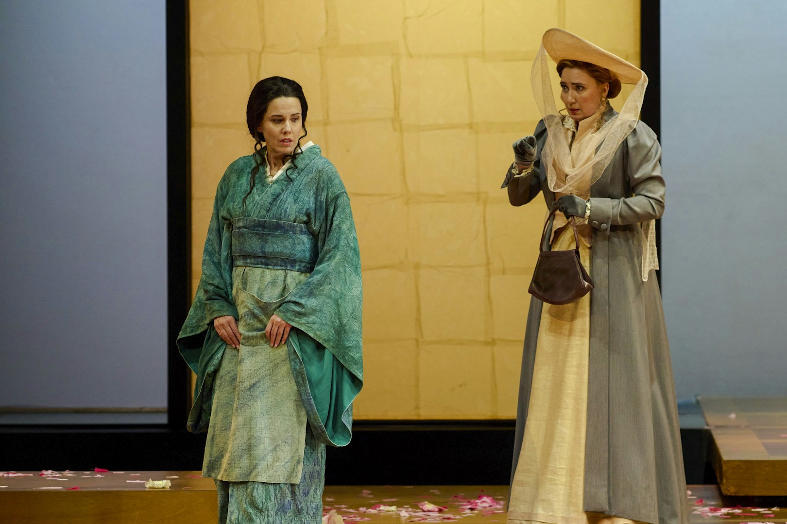 Stage performance of Madama Butterfly in Sydney with two actors in period costumes.