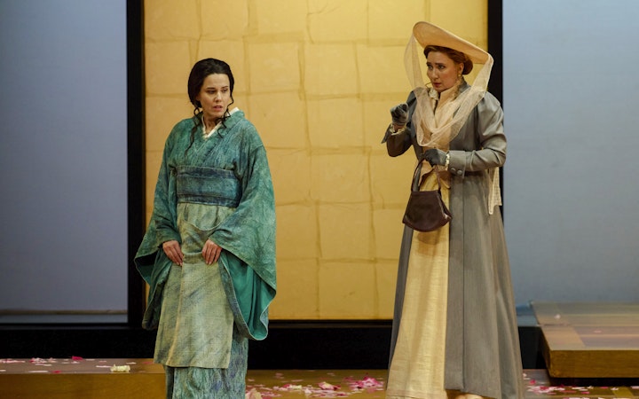Stage performance of Madama Butterfly in Sydney with two actors in period costumes.