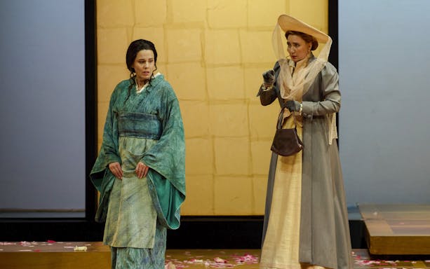 Stage performance of Madama Butterfly in Sydney with two actors in period costumes.