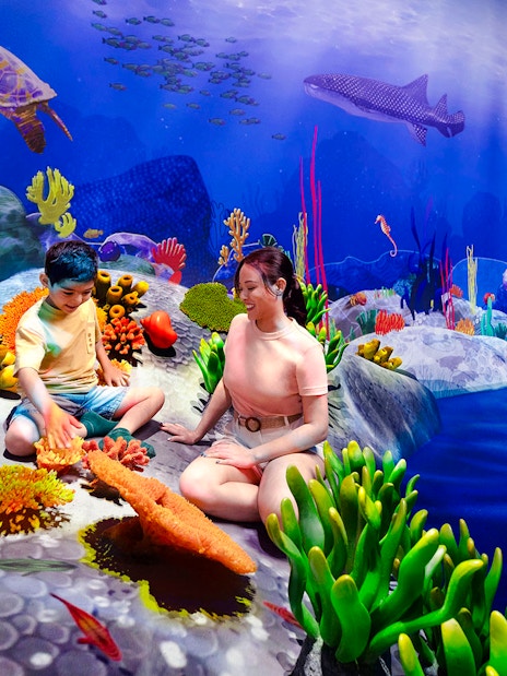 Children exploring vibrant coral reef at Curiosity Cove Wetlands Reef Retreat.