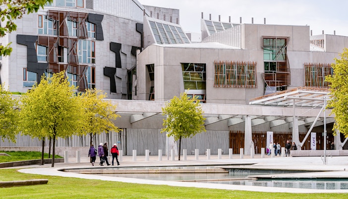 Scottish Parliament building in Edinburgh with modern architecture and unique design elements.