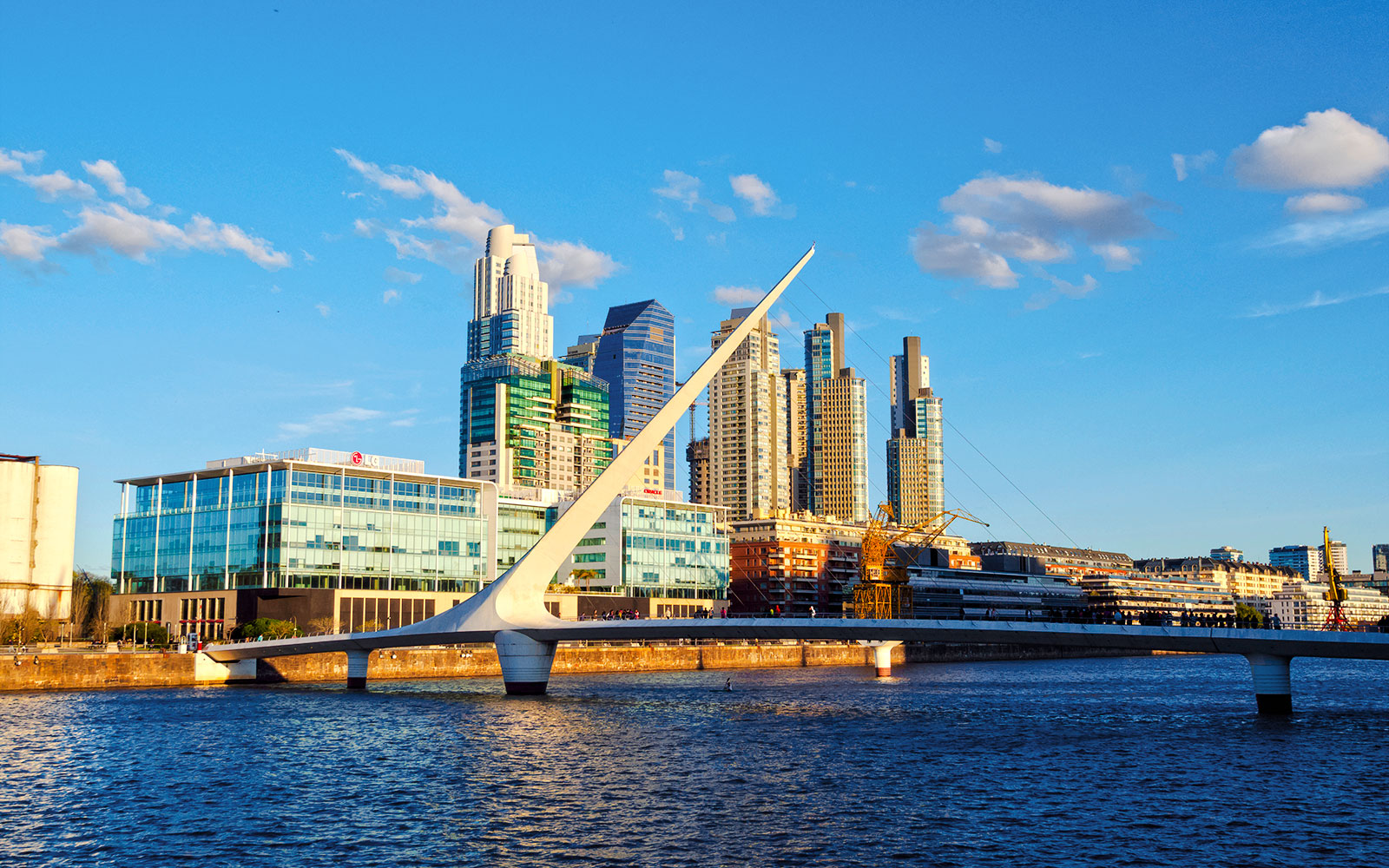 Puente de la Mujer bridge over water with Buenos Aires skyline in the background.