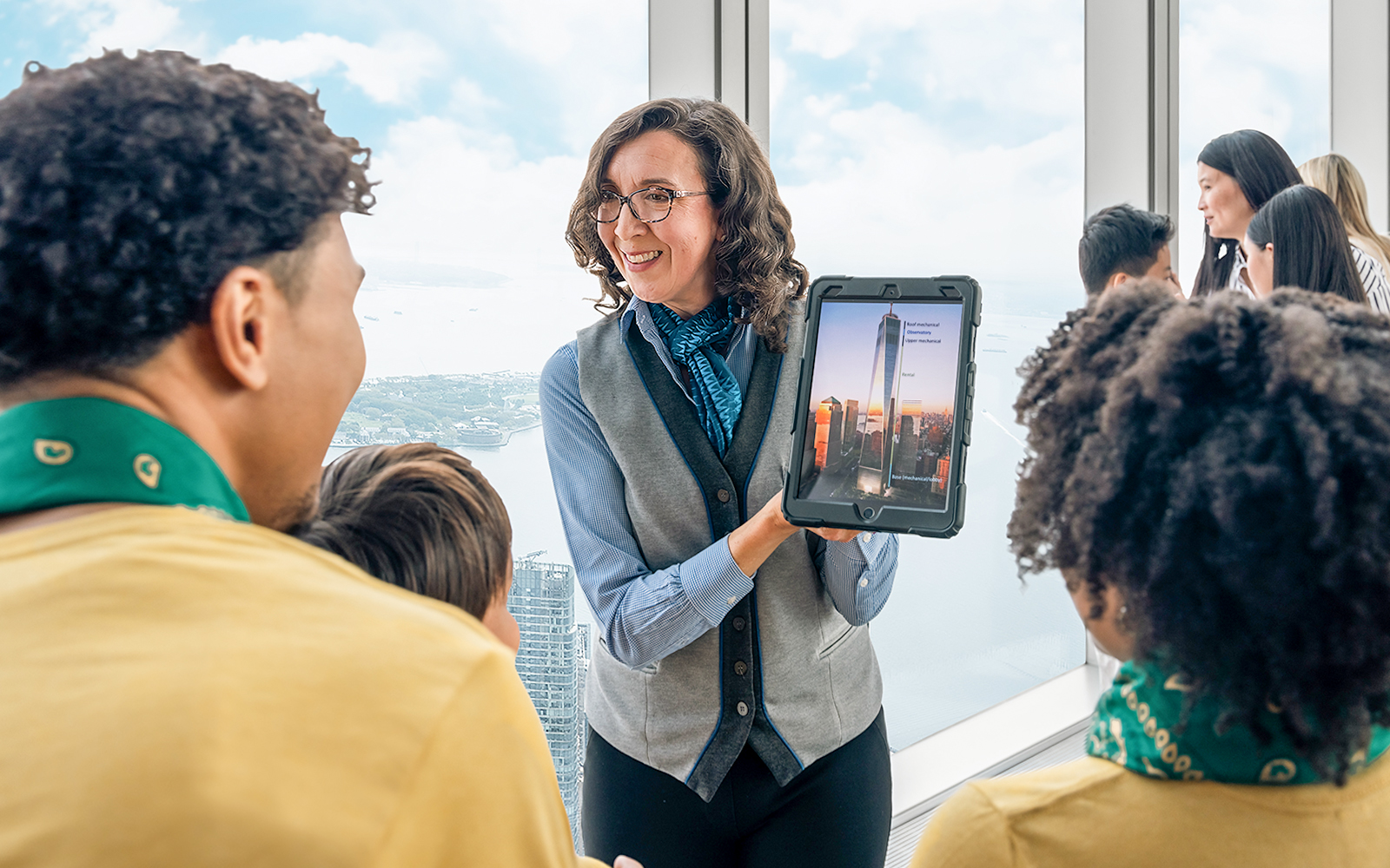 One World Observatory view of New York City skyline with iconic skyscrapers.