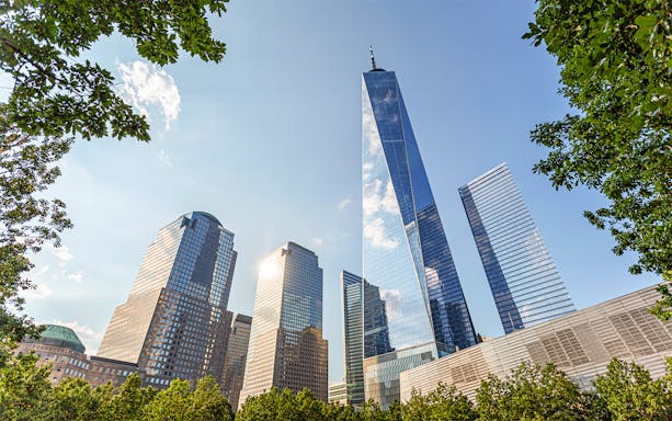 One World Trade Center and surrounding skyscrapers in New York City.