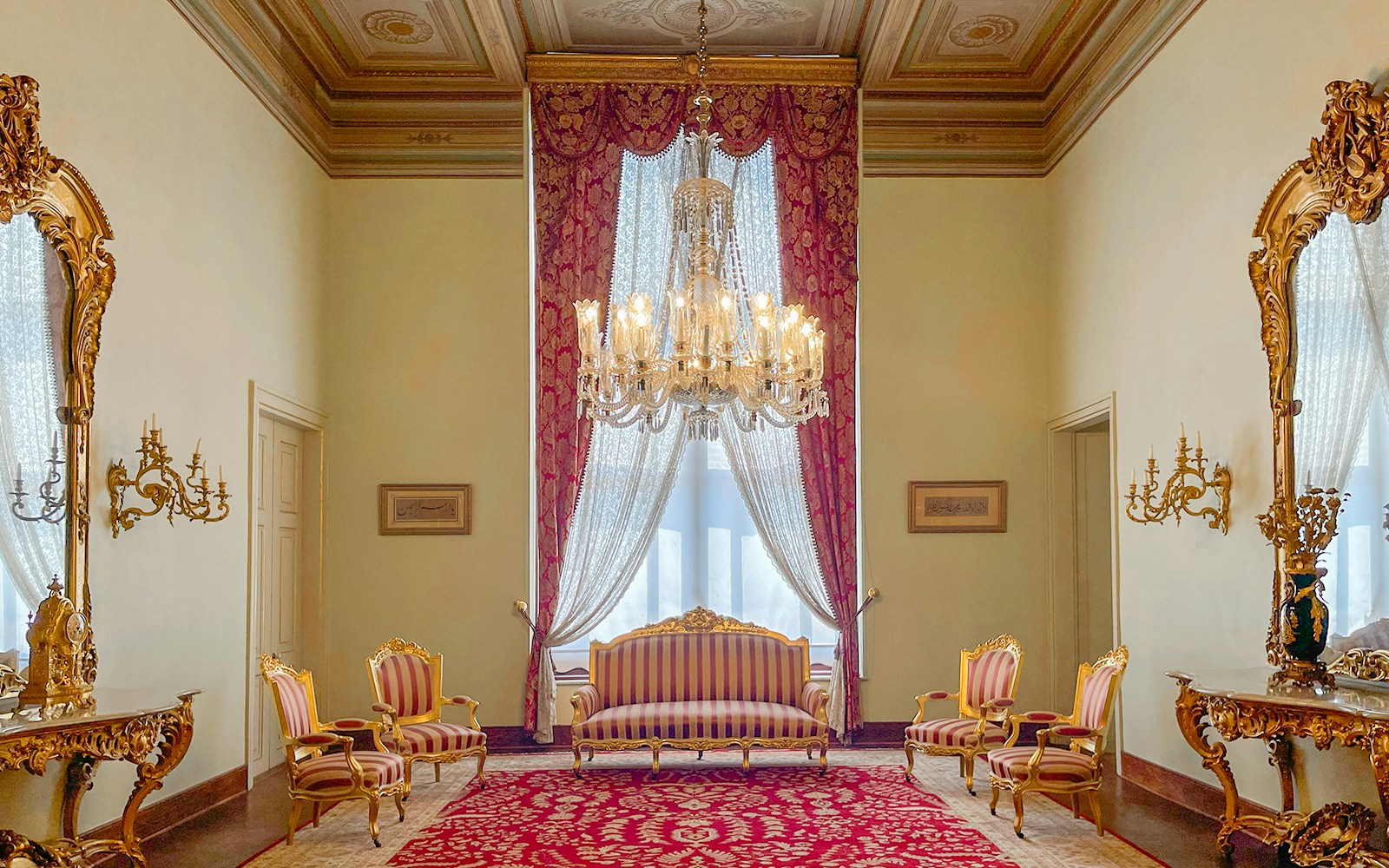 Interior view of the Harem at Dolmabahce Palace during a guided tour in Istanbul, Turkey.
