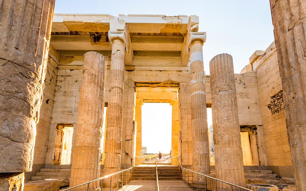 Propylaea entrance of Acropolis with ancient columns in Athens, Greece.
