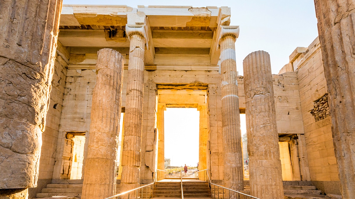 Propylaea entrance of Acropolis with ancient columns in Athens, Greece.