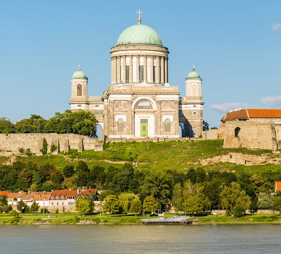 Esztergom Basilica with green dome overlooking the Danube River in Hungary.
