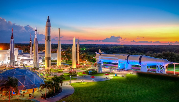 Rocket Garden at Kennedy Space Centre with historic rockets on display.