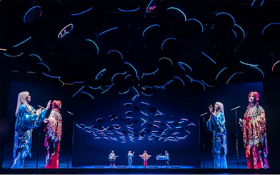 ABBA Voyage concert stage with holographic performers and dynamic lighting effects.