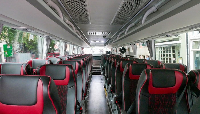 Interior of a tour bus for the Stonehenge and Bath day trip from London.
