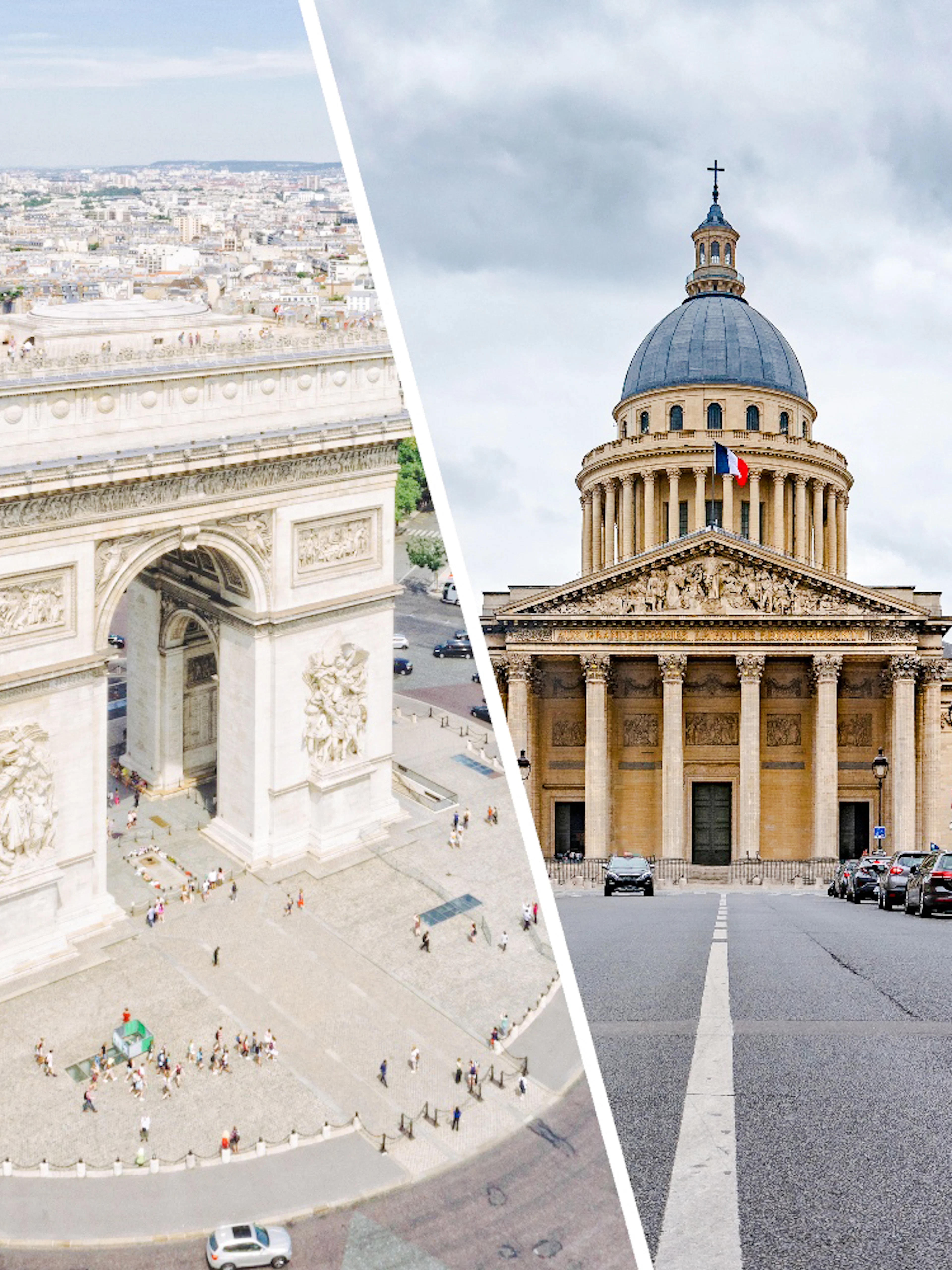 Arc de Triomphe and Pantheon in Paris, showcasing iconic architecture and cityscape.