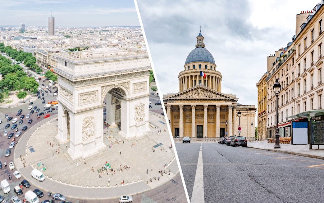 Arc de Triomphe and Pantheon in Paris, showcasing iconic architecture and cityscape.