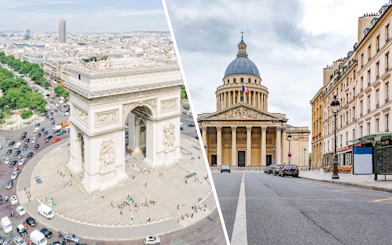 Arc de Triomphe and Pantheon in Paris, showcasing iconic architecture and cityscape.