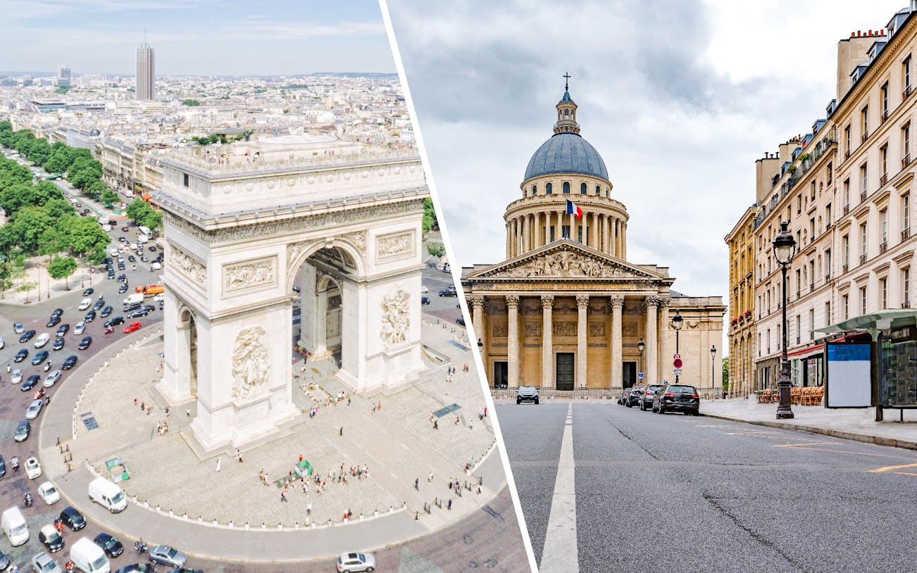 Arc de Triomphe and Pantheon in Paris, showcasing iconic architecture and cityscape.