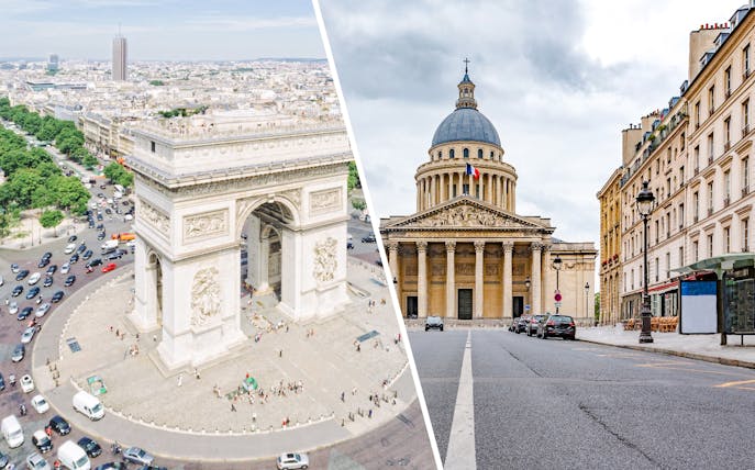 Arc de Triomphe and Pantheon in Paris, showcasing iconic architecture and cityscape.