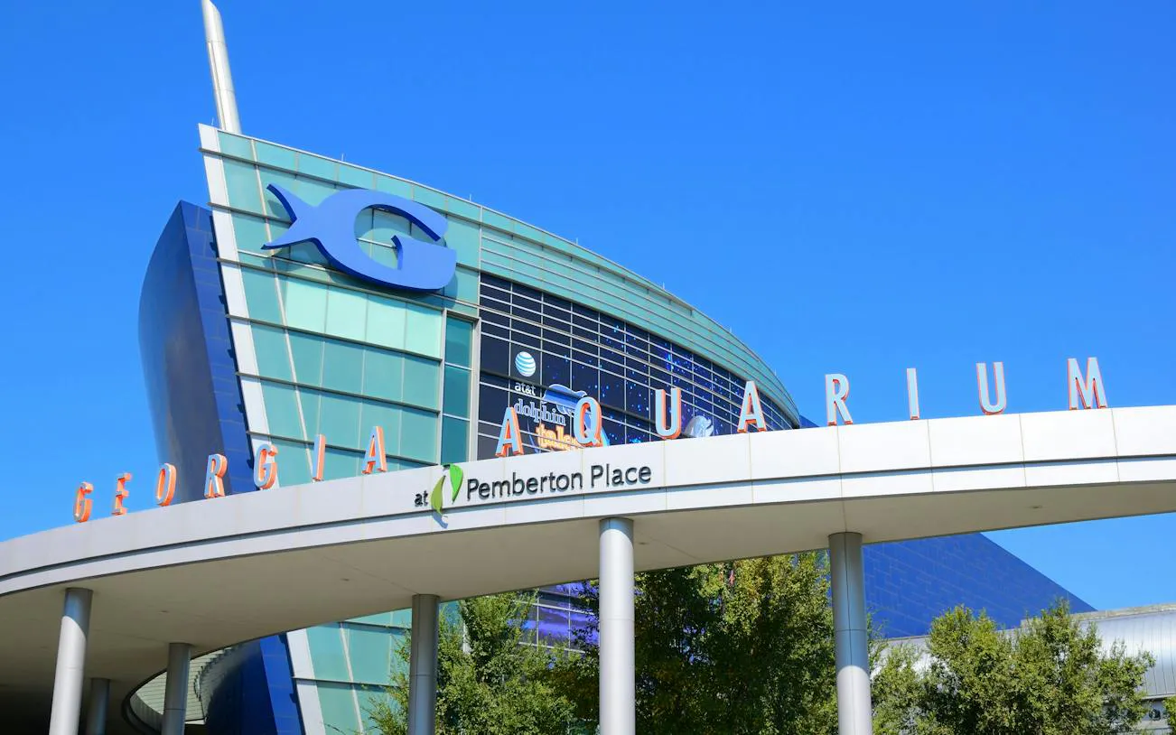 Georgia Aquarium entrance in Atlanta, part of the Downtown Highlights self-guided tour.