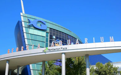Georgia Aquarium entrance in Atlanta, part of the Downtown Highlights self-guided tour.