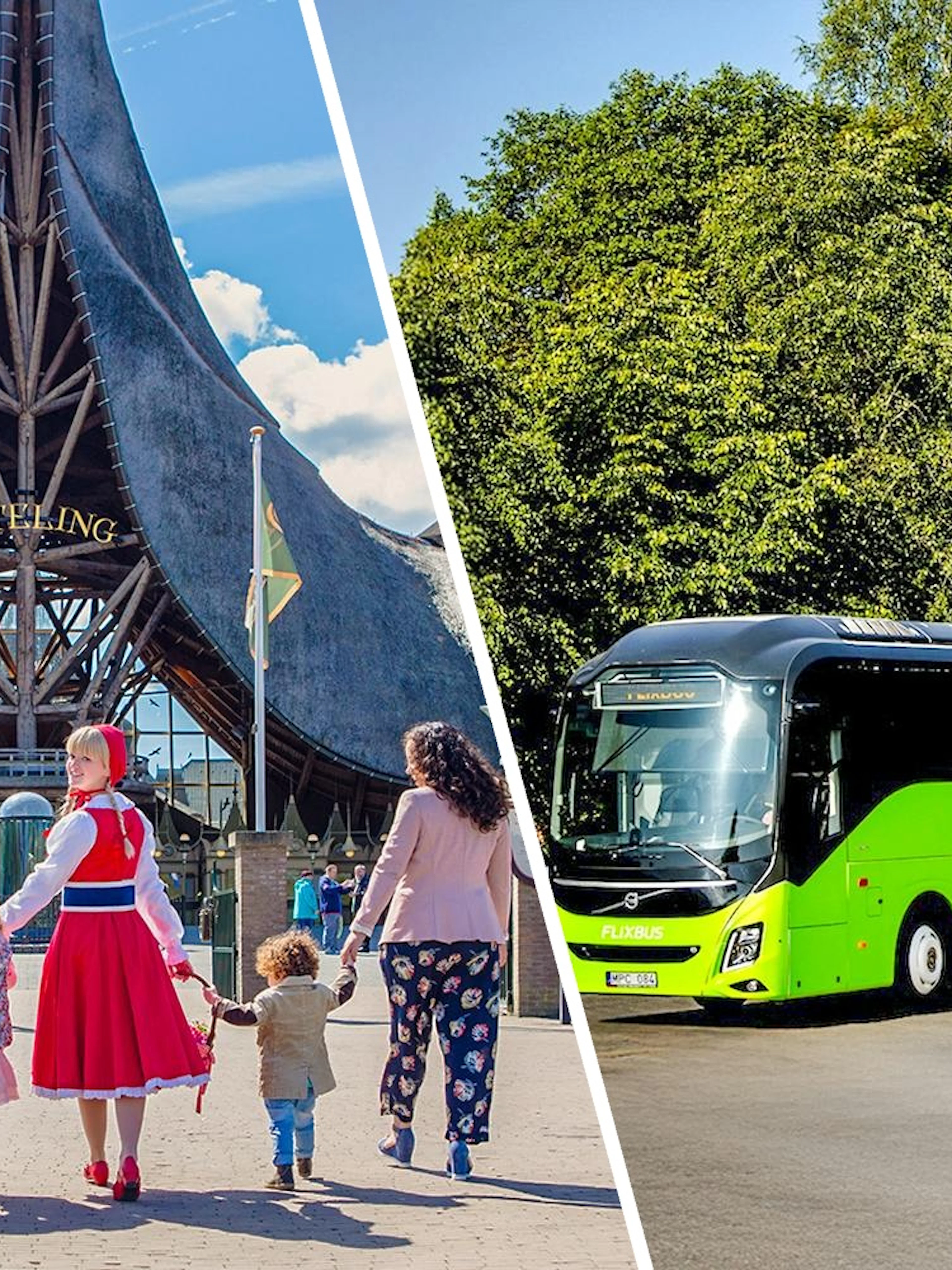 Efteling Theme Park entrance with family and FlixBus nearby.