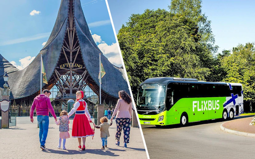 Efteling Theme Park entrance with family and FlixBus nearby.