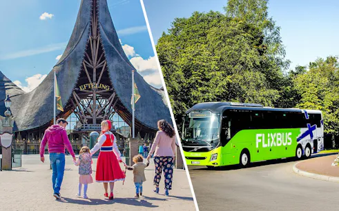 Efteling Theme Park entrance with family and FlixBus nearby.