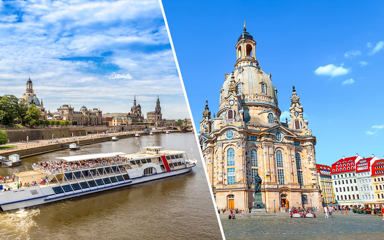 Elbe River cruise with Dresden skyline and Frauenkirche church exterior.