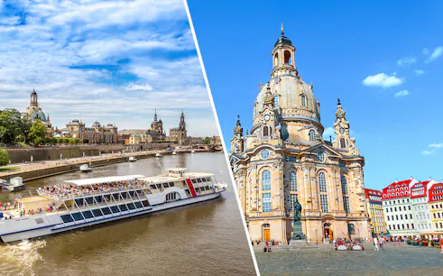 Elbe River cruise with Dresden skyline and Frauenkirche church exterior.