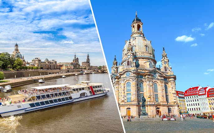 Elbe River cruise with Dresden skyline and Frauenkirche church exterior.