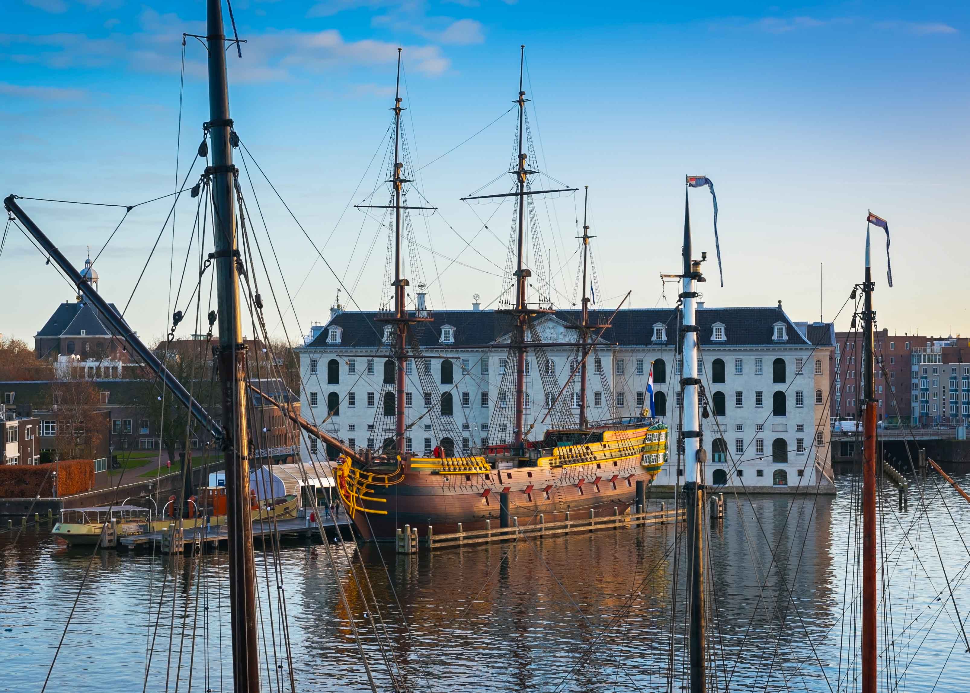 VOC ship docked at the National Maritime Museum in Amsterdam.