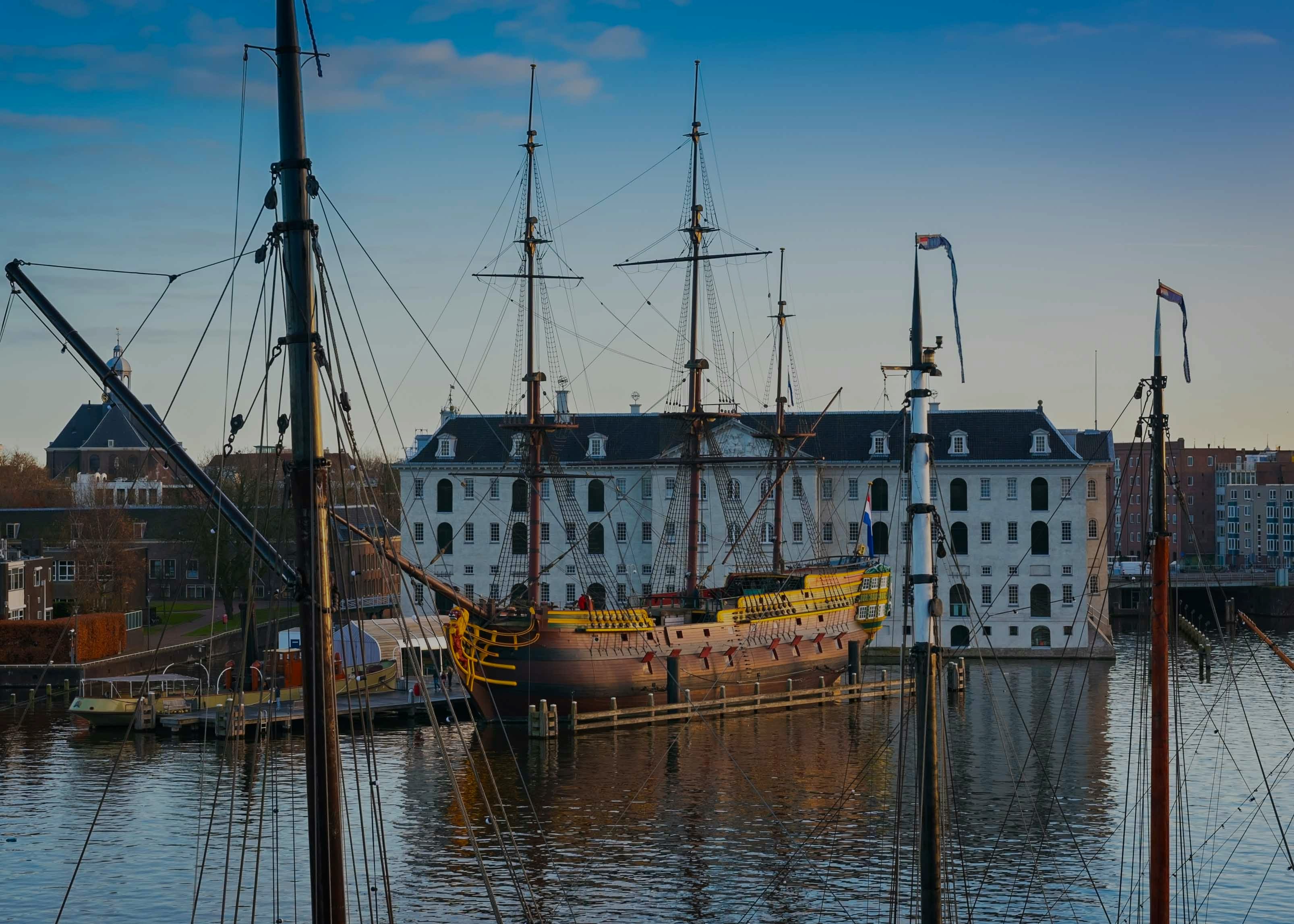 VOC ship docked at the National Maritime Museum in Amsterdam.
