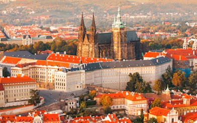 Prague Castle aerial view with St. Vitus Cathedral during a guided tour in the Castle District.