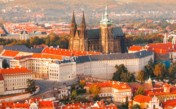 Prague Castle aerial view with St. Vitus Cathedral during a guided tour in the Castle District.