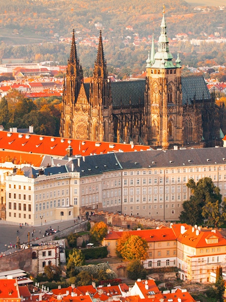 Prague Castle aerial view with St. Vitus Cathedral during a guided tour in the Castle District.