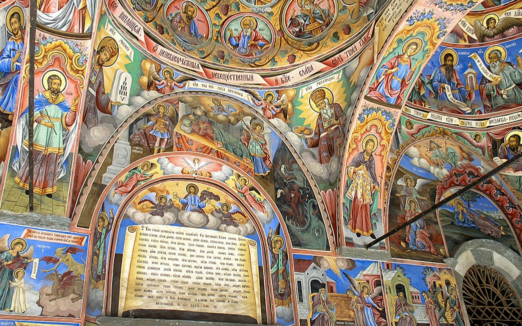Frescoes depicting religious scenes inside Rila Monastery, Bulgaria.