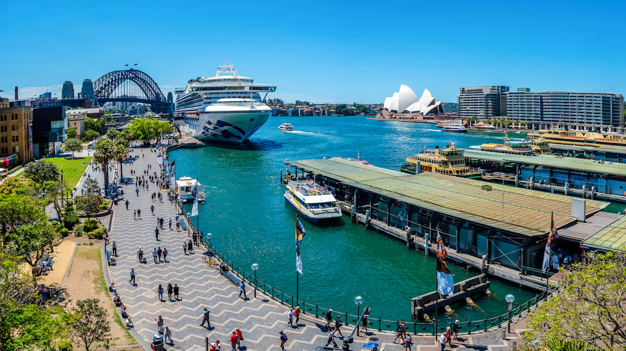 Sydney Harbour view with ferries at Circular Quay, Opera House, and Harbour Bridge in background.