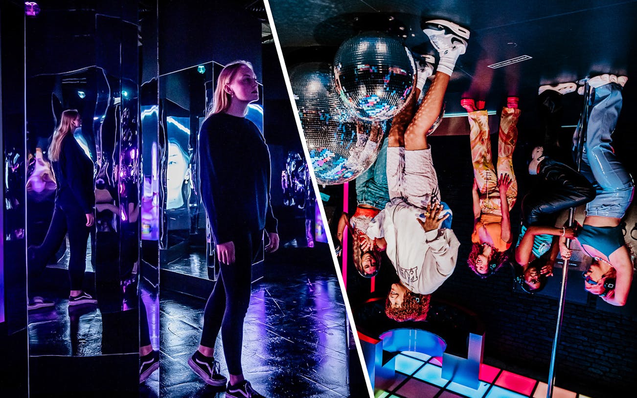 Visitors explore AMAZE Amsterdam's mirrored room and The Upside Down's disco-themed space.