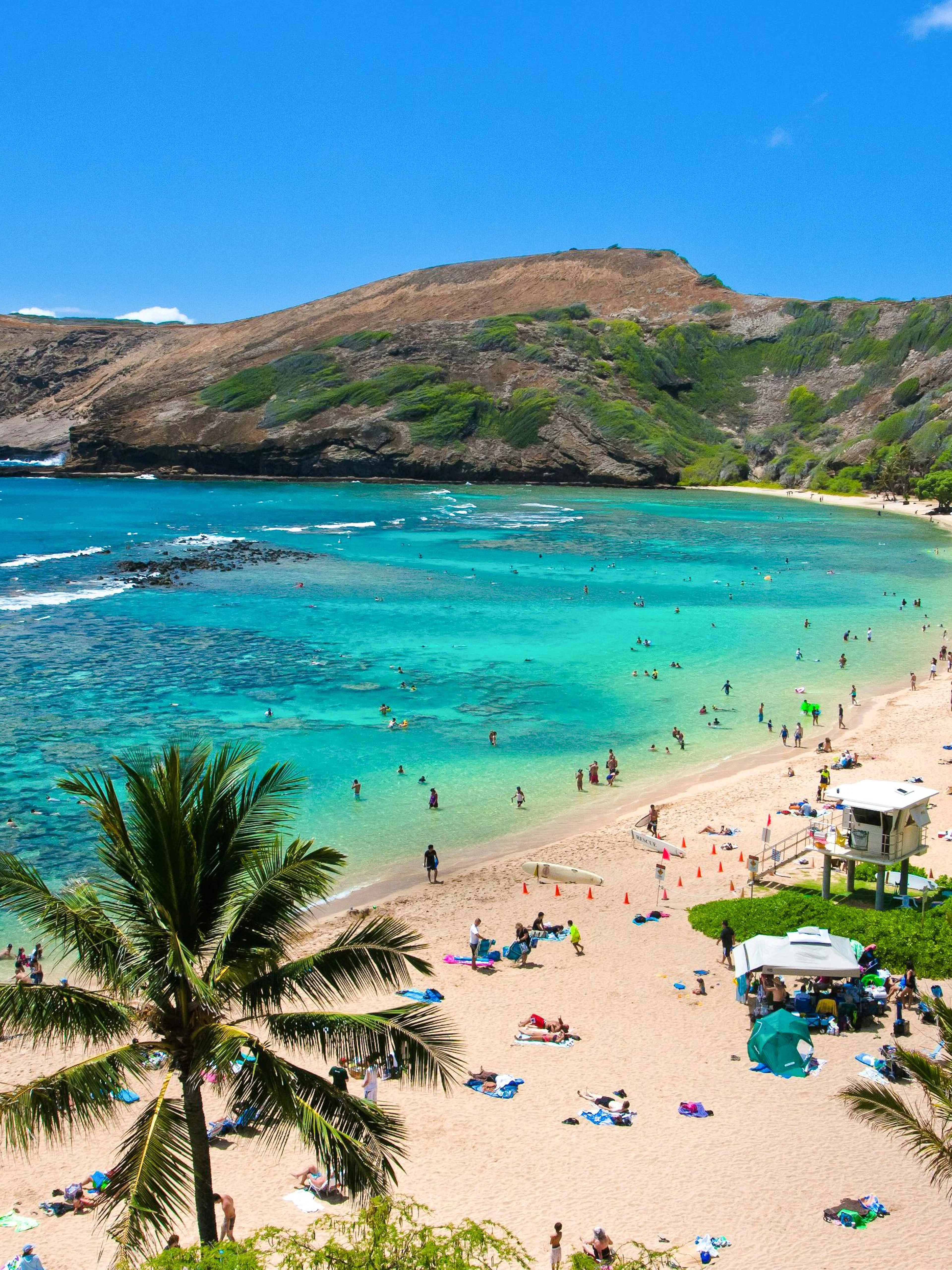 Visitors enjoying the beach and snorkeling in Hanauma Bay, Oahu, Hawaii.