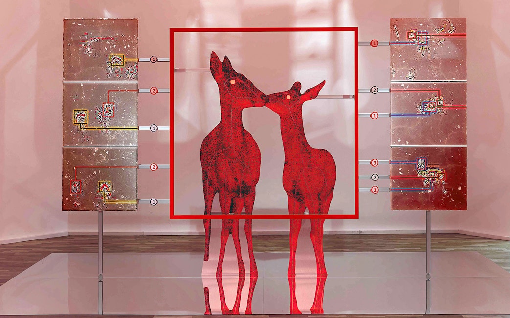 Katja Novitskova artwork with red deer figures at Stedelijk Museum exhibit