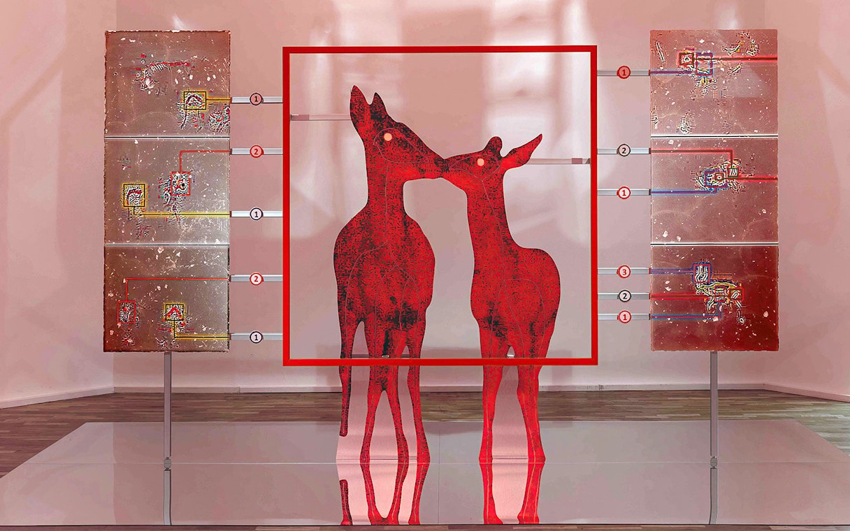 Katja Novitskova artwork with red deer figures at Stedelijk Museum exhibit