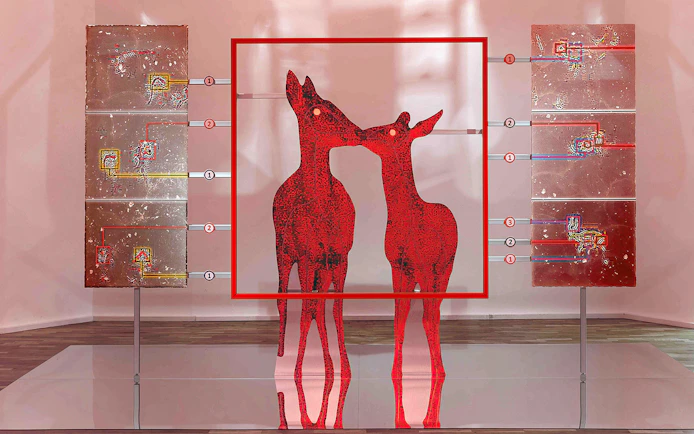 Katja Novitskova artwork with red deer figures at Stedelijk Museum exhibit