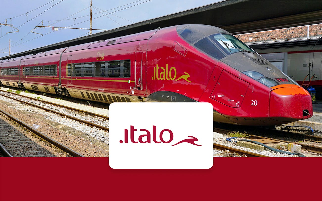 High-speed Italo train at a station, connecting Florence to Venice.
