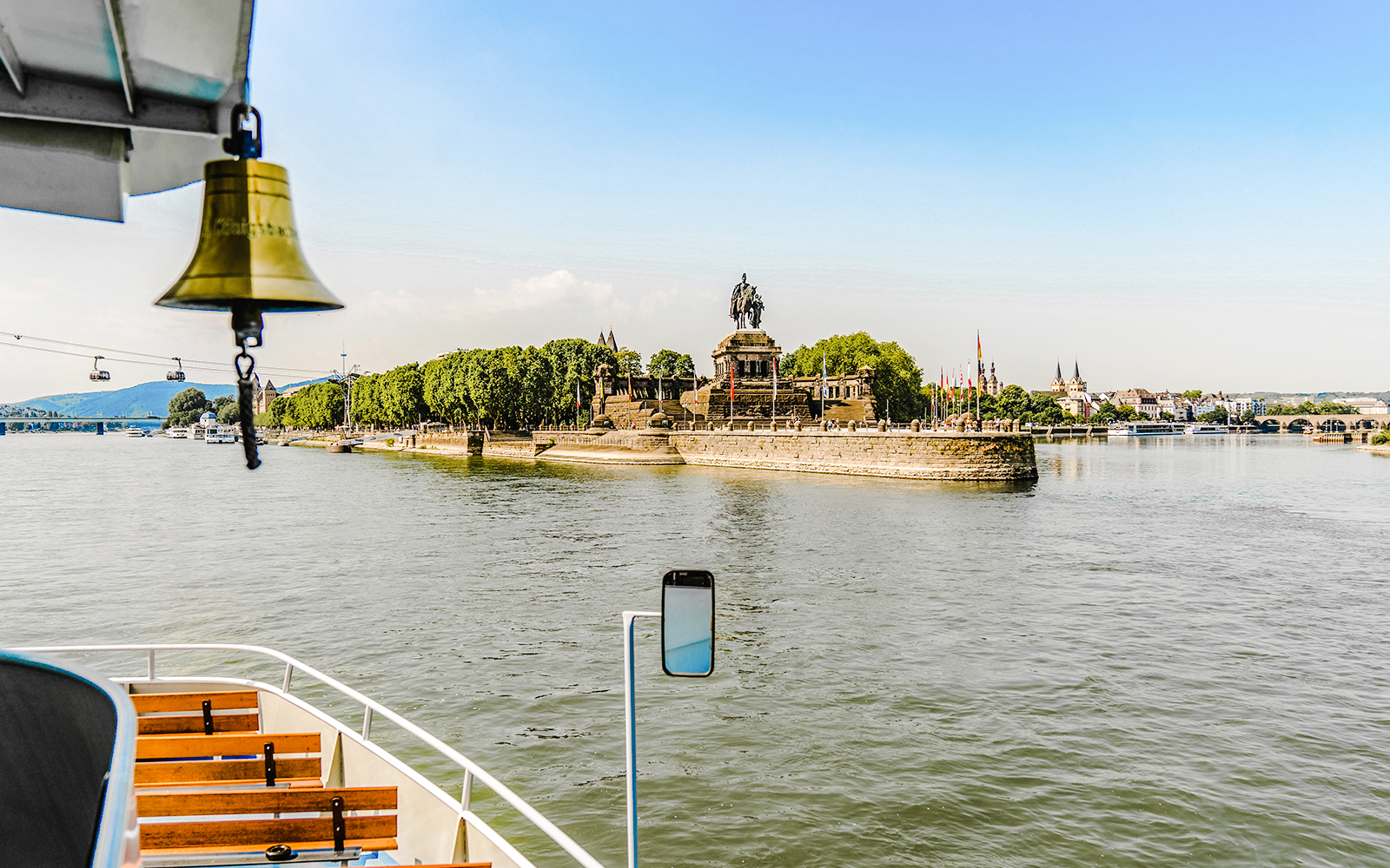 Deutsches Eck monument viewed from a sightseeing cruise in Koblenz, Germany.