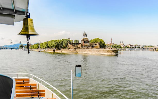 Deutsches Eck monument viewed from a sightseeing cruise in Koblenz, Germany.