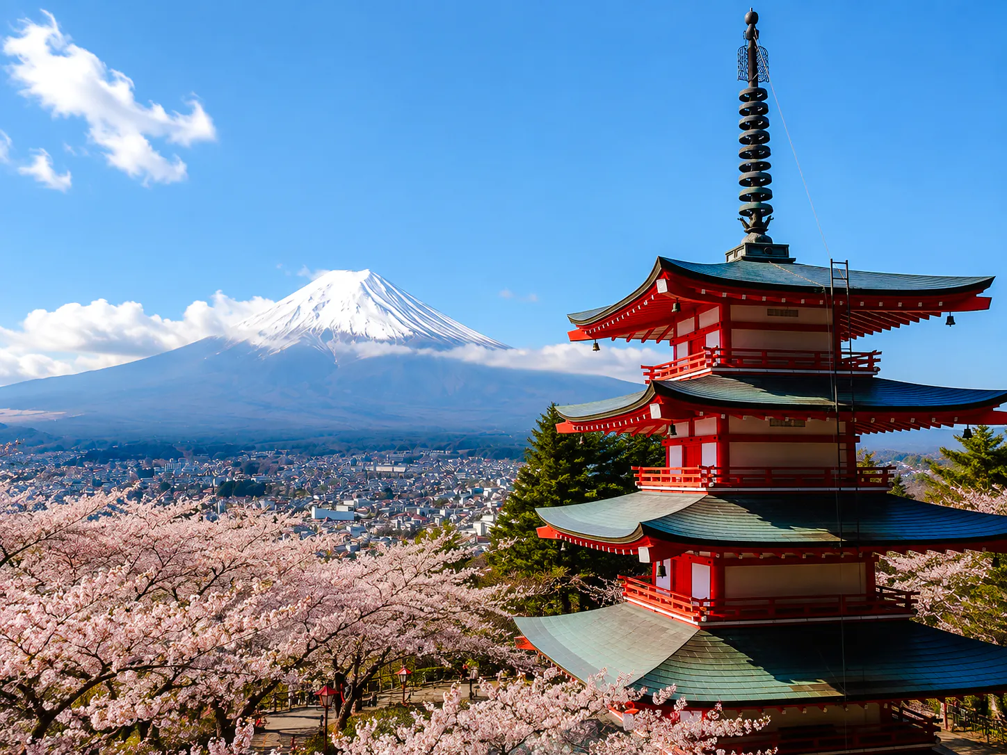 Chureito Pagoda with Mt. Fuji in the background during cherry blossom season, Fujiyoshida.