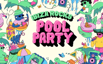 Ibiza Rocks Pool Party illustration with colorful characters, palm trees, and music elements.