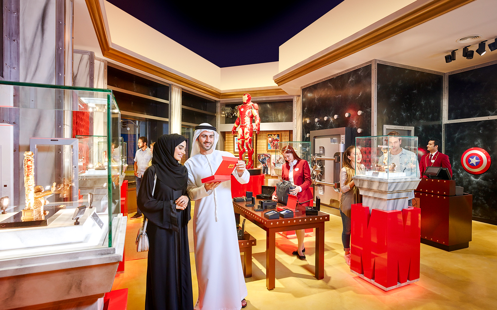 Visitors exploring Marvel exhibits at IMG Worlds of Adventure, Dubai.