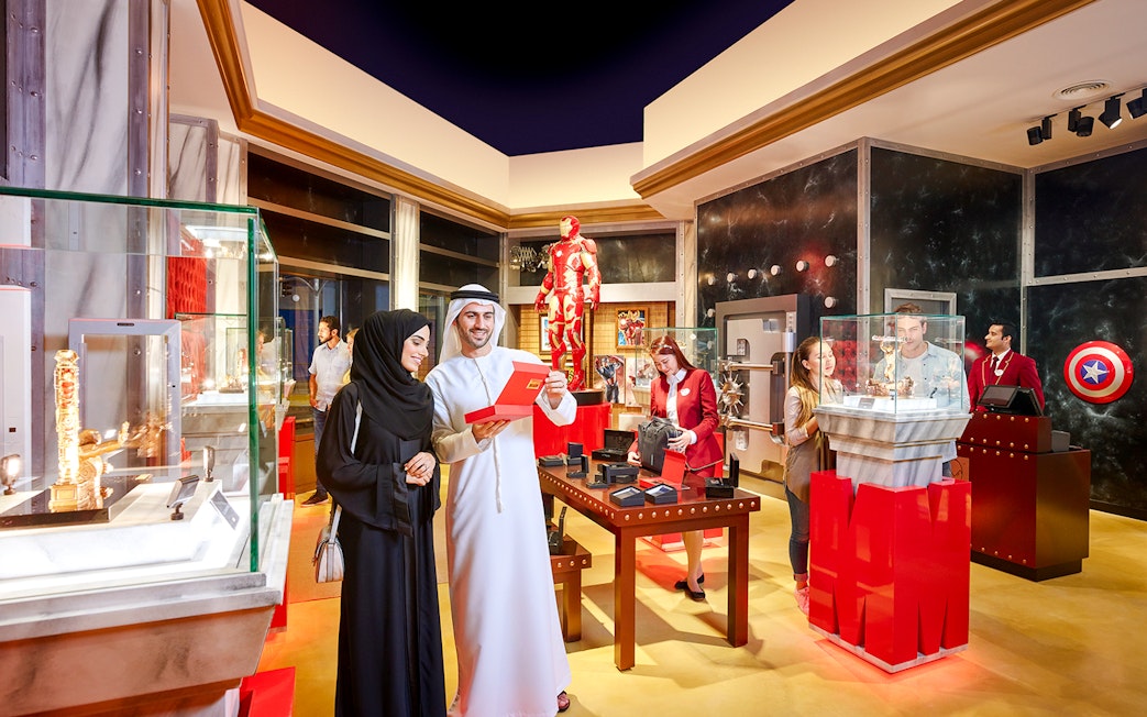 Visitors exploring Marvel exhibits at IMG Worlds of Adventure, Dubai.