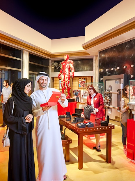 Visitors exploring Marvel exhibits at IMG Worlds of Adventure, Dubai.